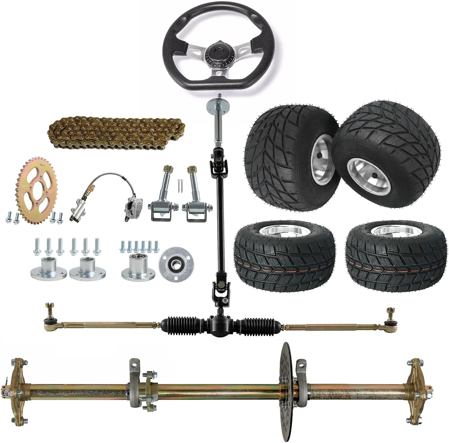 Front 10x4.50-5 Tubeless Rain Tires & Rear 11x7.10-5 Go Kart Tire & Rear Axle Shaft 810mm 32in with Chain Sprocket Pillow Block for ATV Quad Trikes Golf Carts