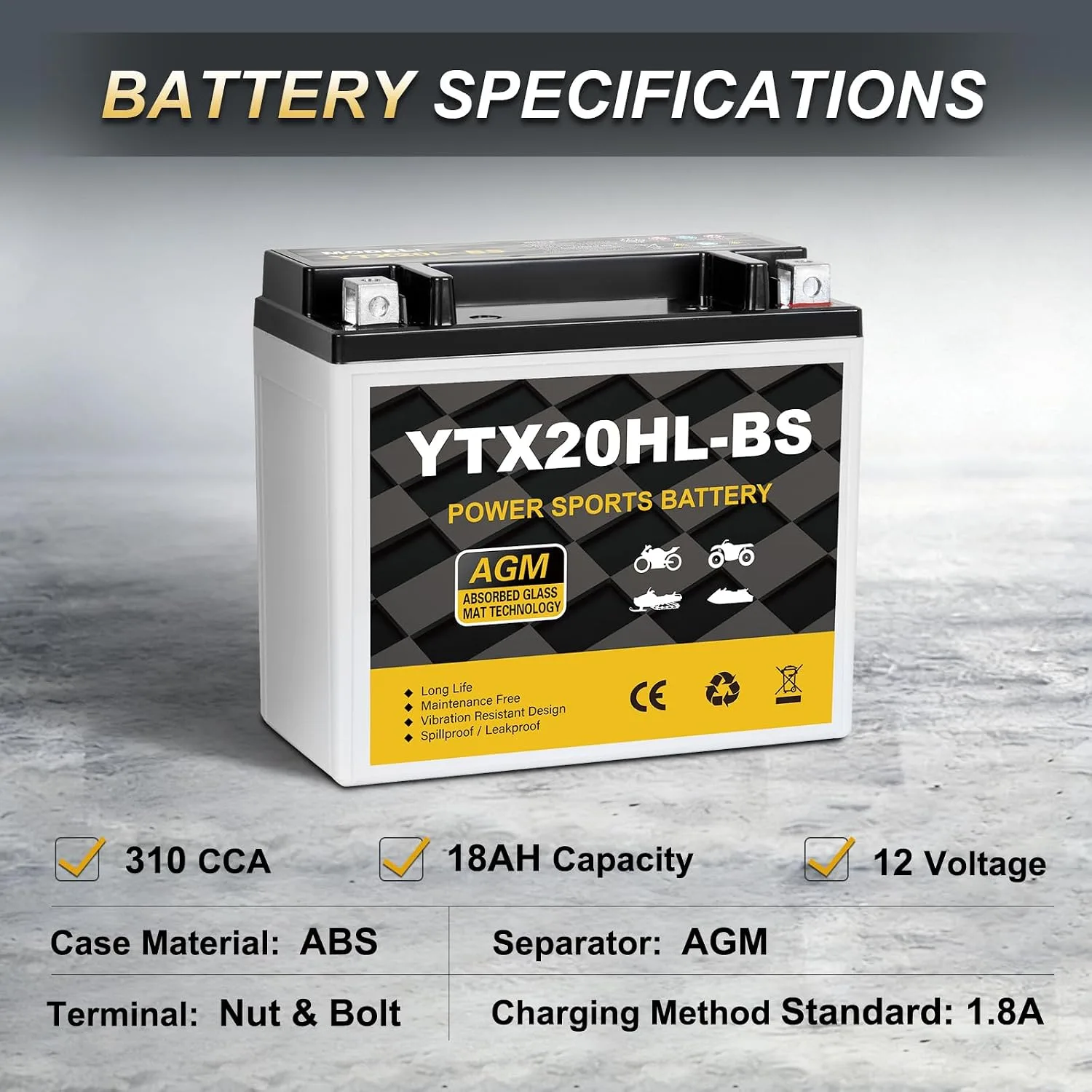Daakmax YTX20HL-BS 12V 18Ah AGM Powersport Battery image 3