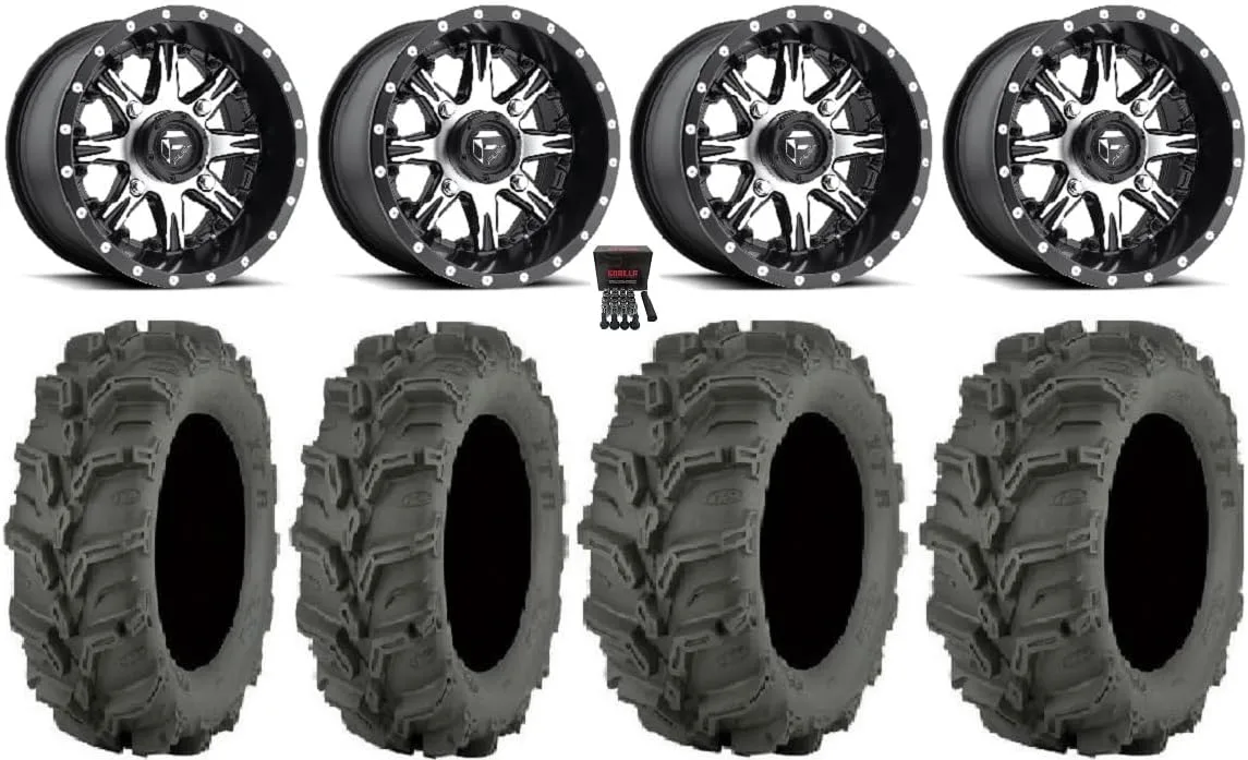 Bundle - 9 Items: Fuel Nutz Black 14" Wheels 27" Mud Lite XTR Tires [4x156 Bolt Pattern 10mmx1.25 Lug Kit]