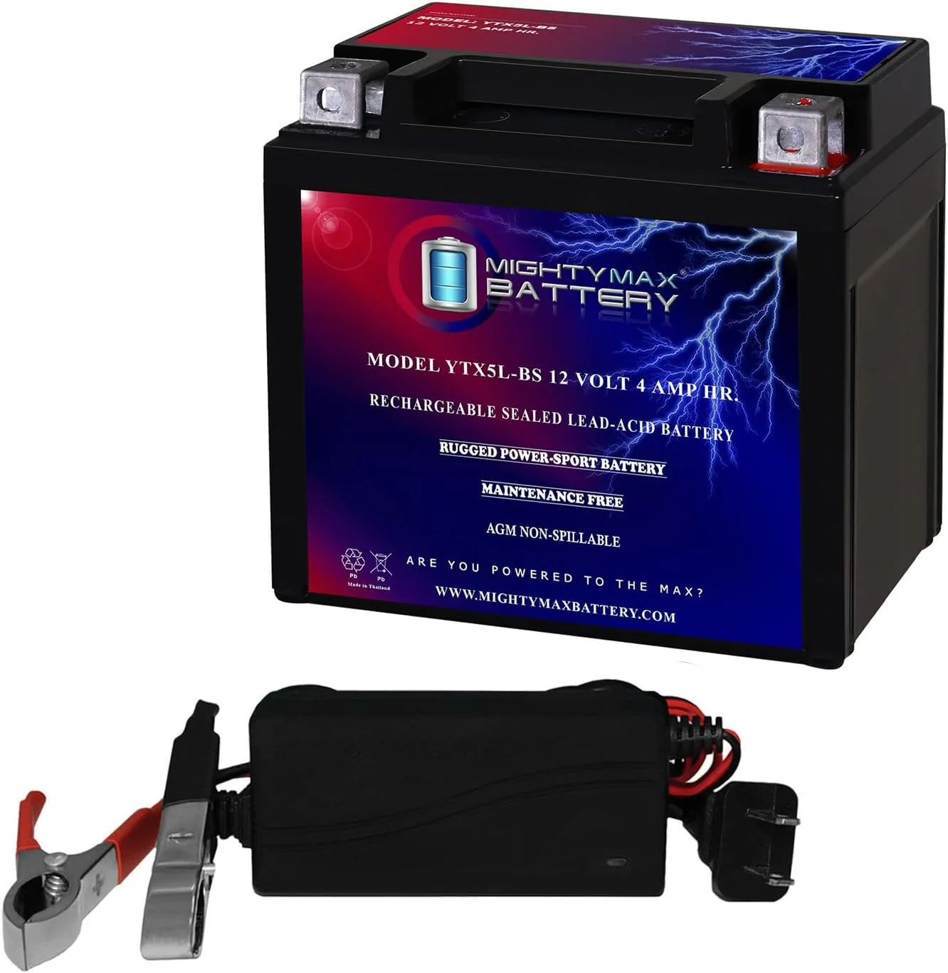 Mighty Max YTX5L-BS12V1A1 Battery and Charger for Kawasaki KVF360-B Prairie 4x4