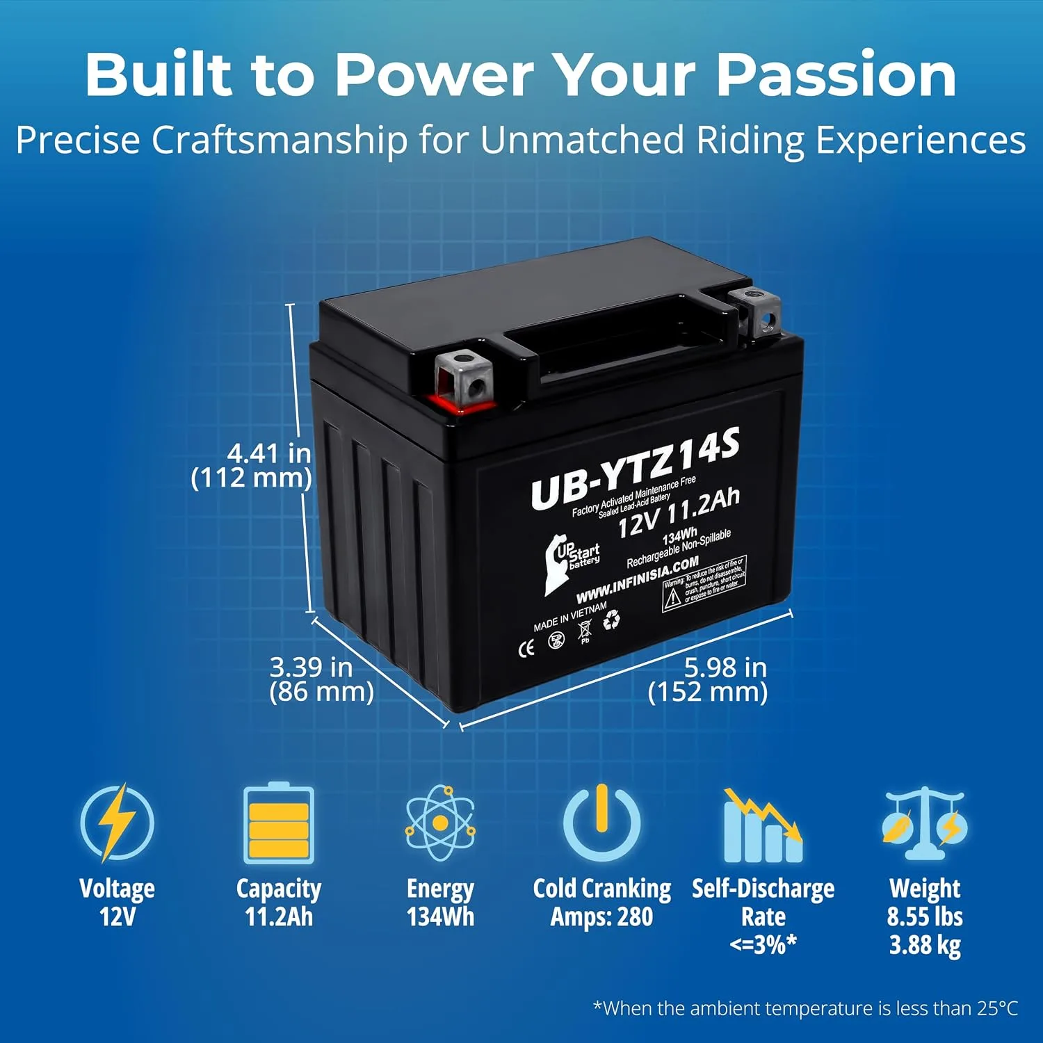 Upstart Battery YTZ14S 12V 11.2Ah Battery UB-YTZ14S-DL28 for Suzuki GSX-R750 image 3
