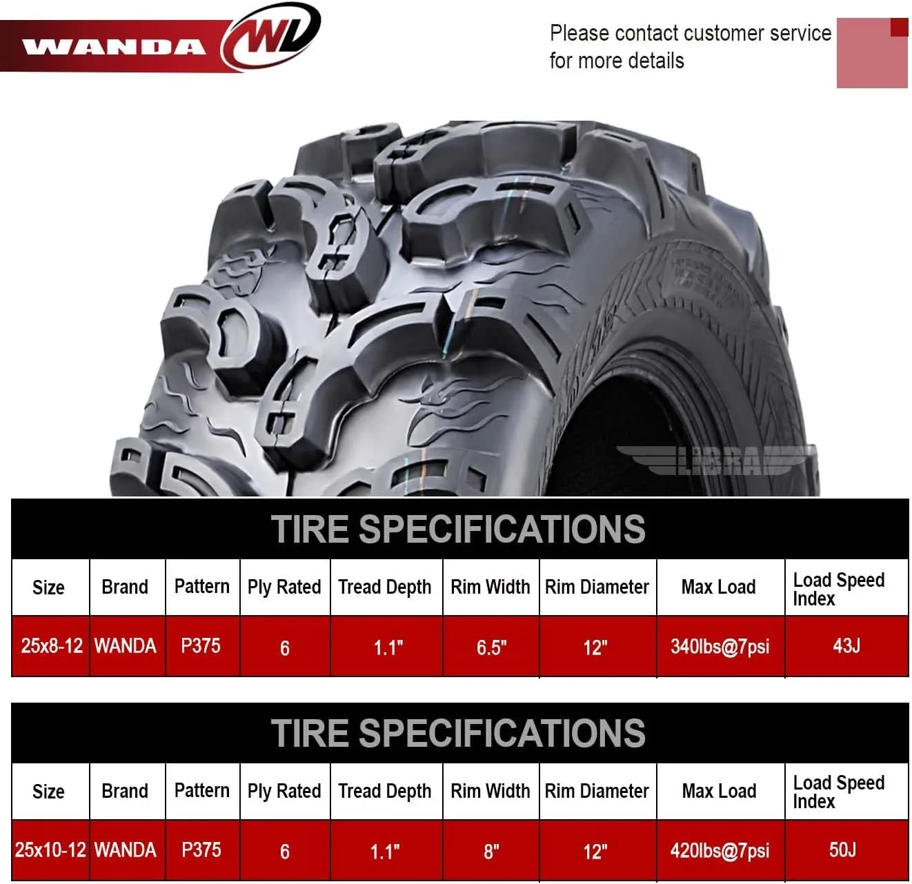 WANDA ATV Tire Set 25x8-12 Front / 25x10-12 Rear 10212-10215 image 3