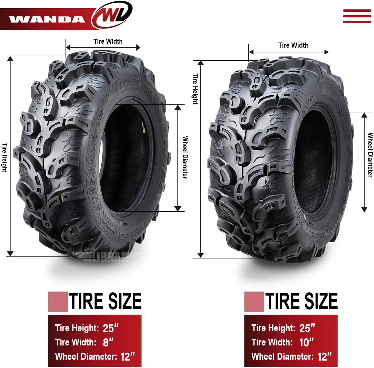 WANDA ATV Tire Set 25x8-12 Front / 25x10-12 Rear 10212-10215 image 4