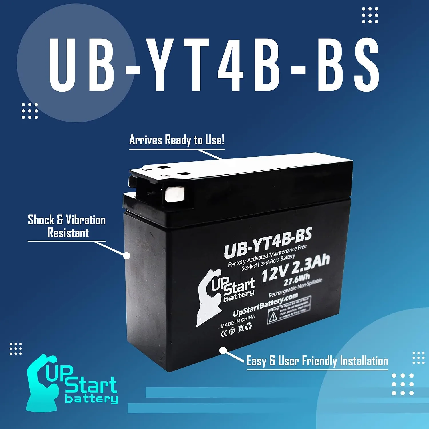 Upstart Battery UB-YT4B-BS 12V 2.3Ah Battery Set for 2015 Yamaha TTR110E image 3