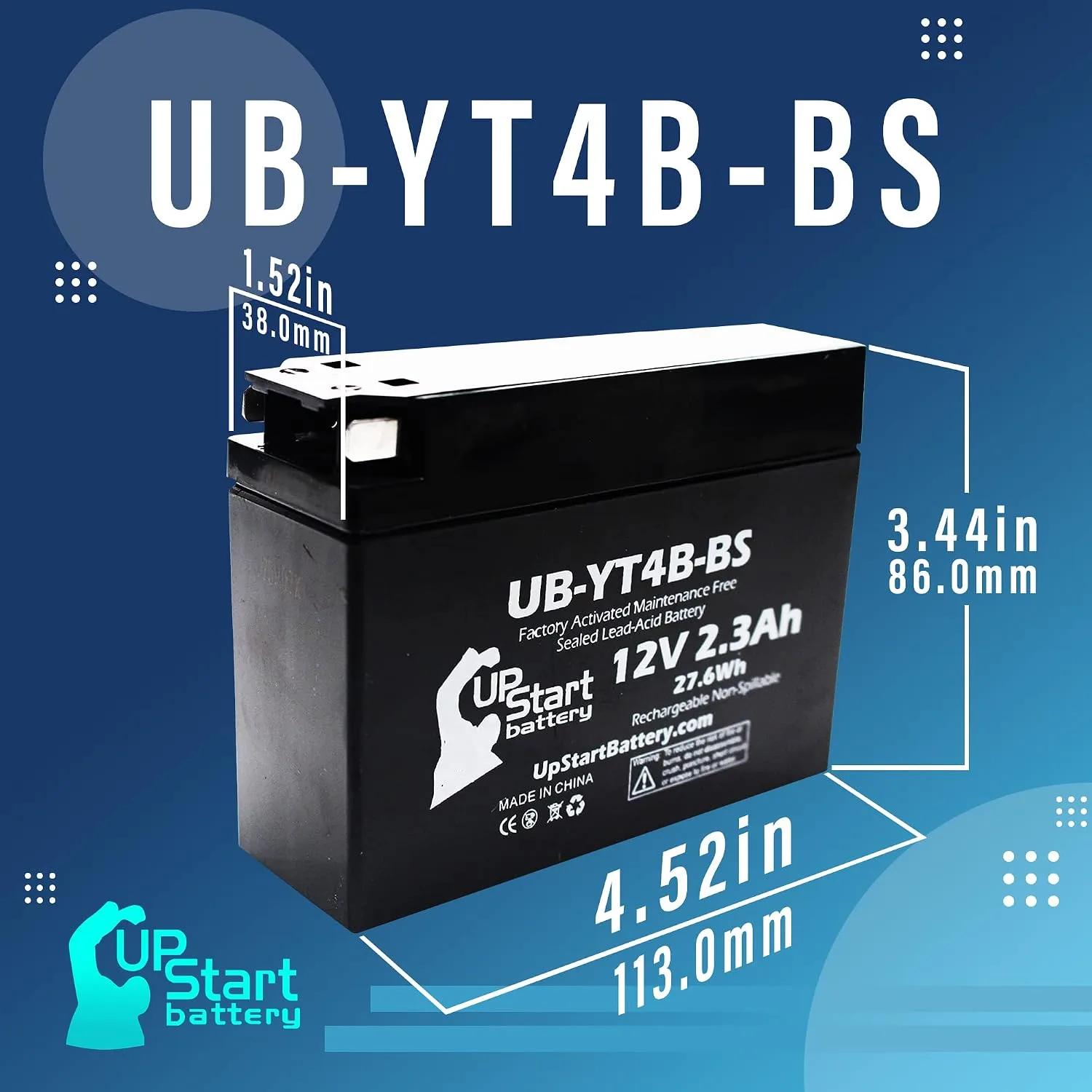 Upstart Battery UB-YT4B-BS 12V 2.3Ah Battery Set for 2015 Yamaha TTR110E image 4