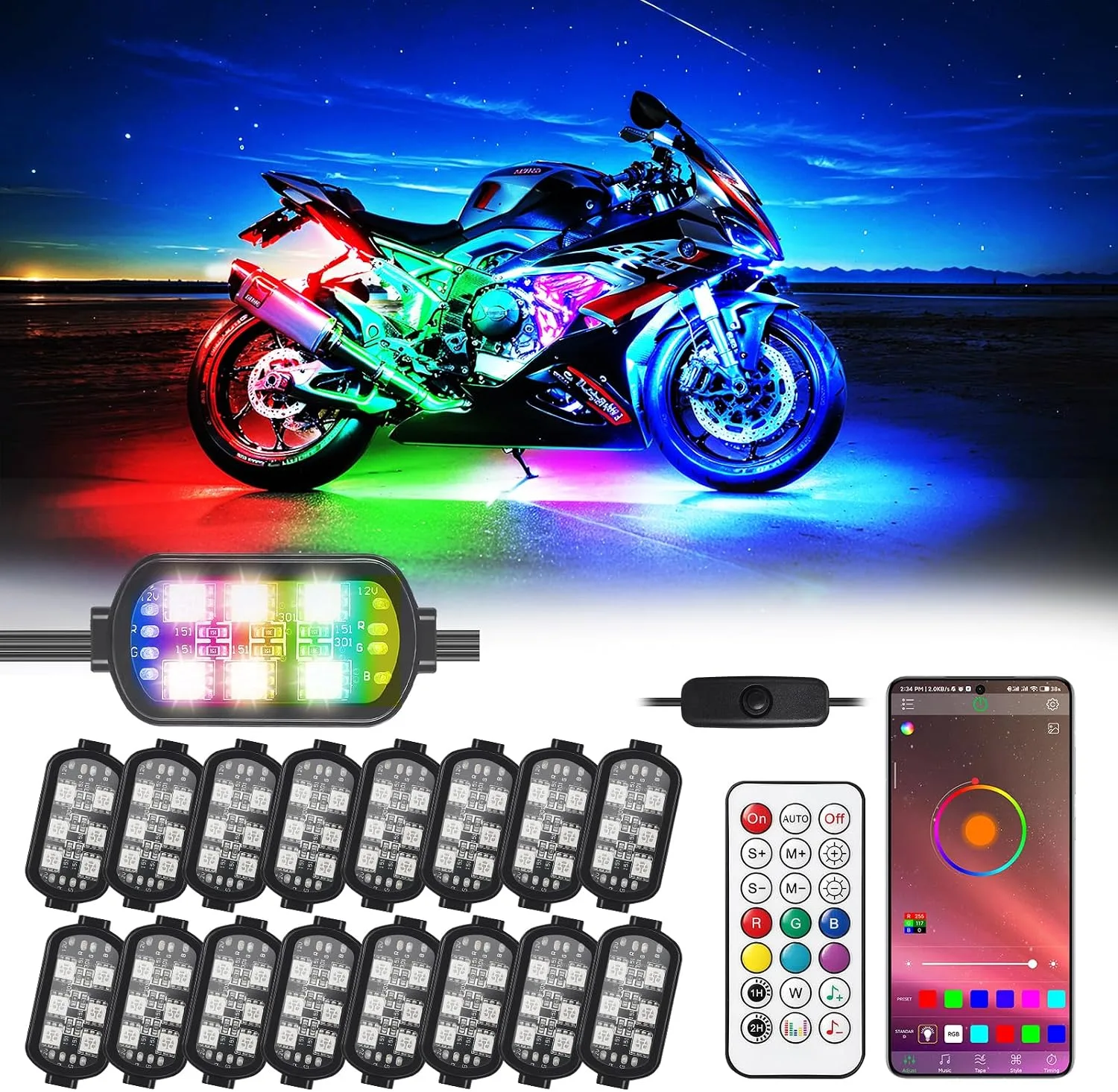 TDE Explorer.Lighting 16-Pod RGBIC Motorcycle LED Underglow Kit LM-16pcsHarley