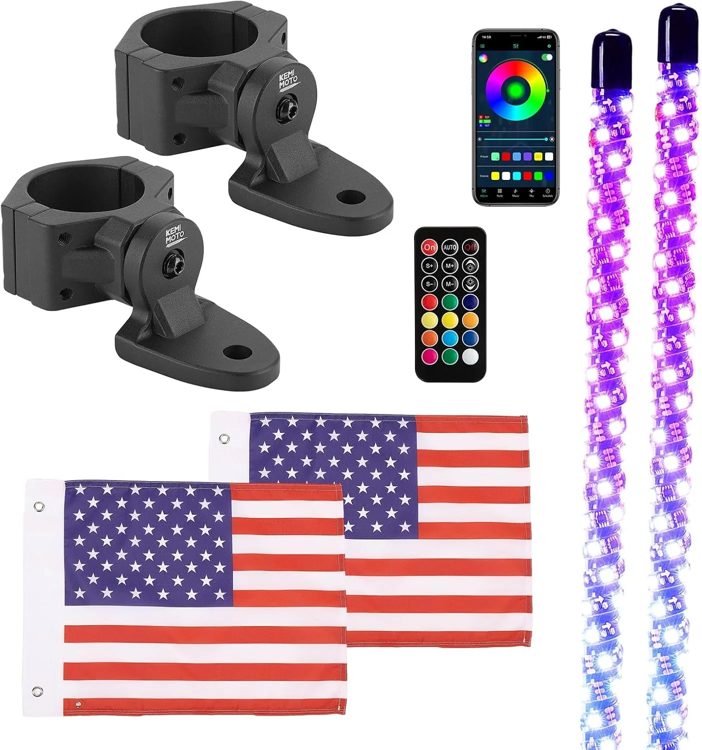 KEMIMOTO 2-Piece 3ft LED Whip Lights with Mounts BZH0277-02