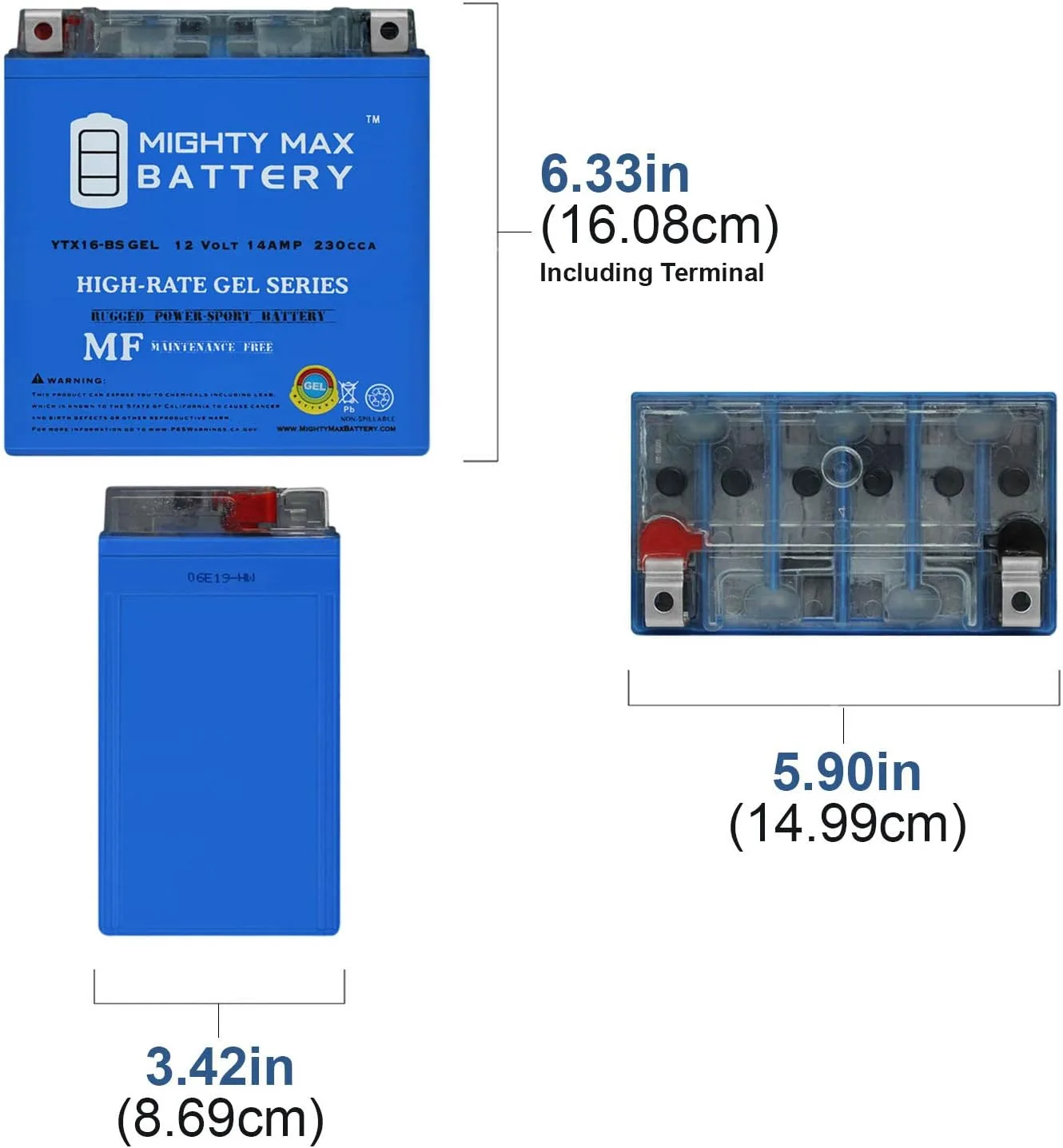 Mighty Max YTX16-BSGEL8 12V 14Ah GEL Battery for Suzuki VS1400GL Intruder image 2