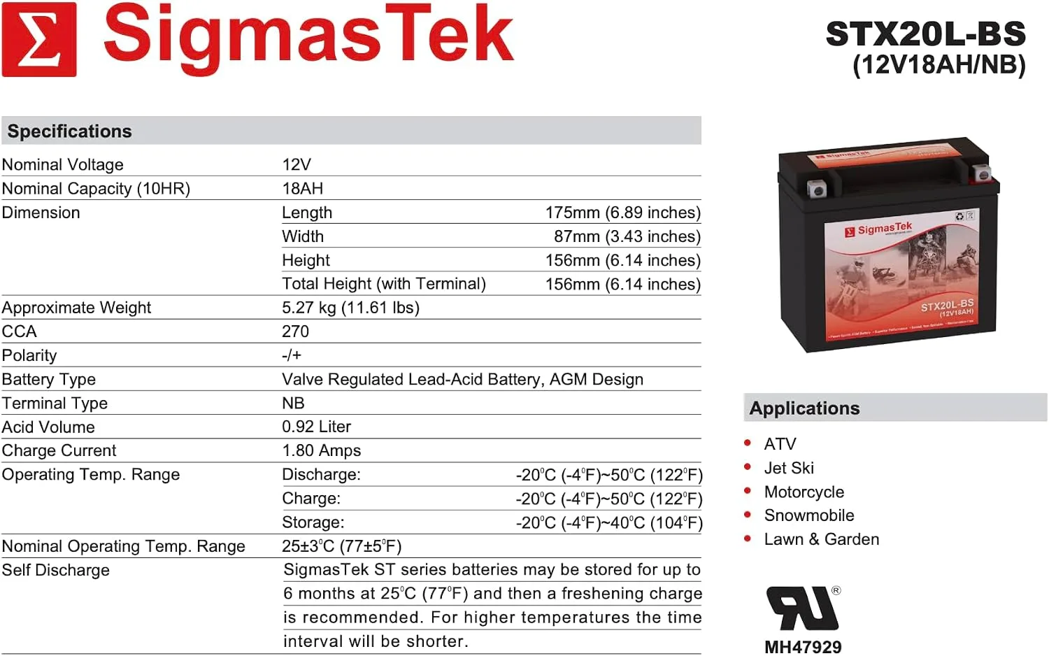 SigmasTek STX20L-BS AGM Battery for Aquatrax F-15/F-15X image 3