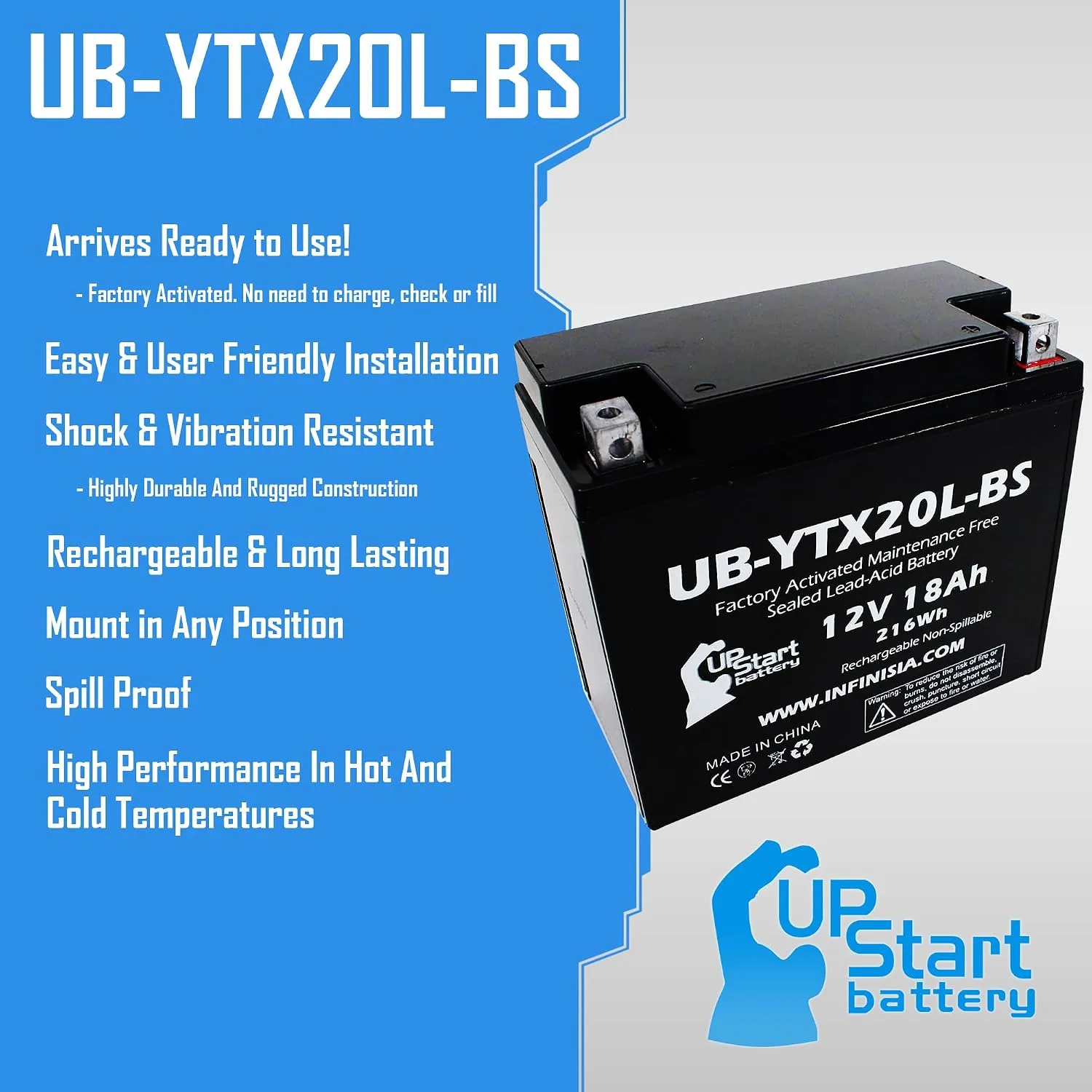 UpStart Battery UB-YTX20L-BS-DL241 for 1984 Honda VF1100S V65 Sabre image 2
