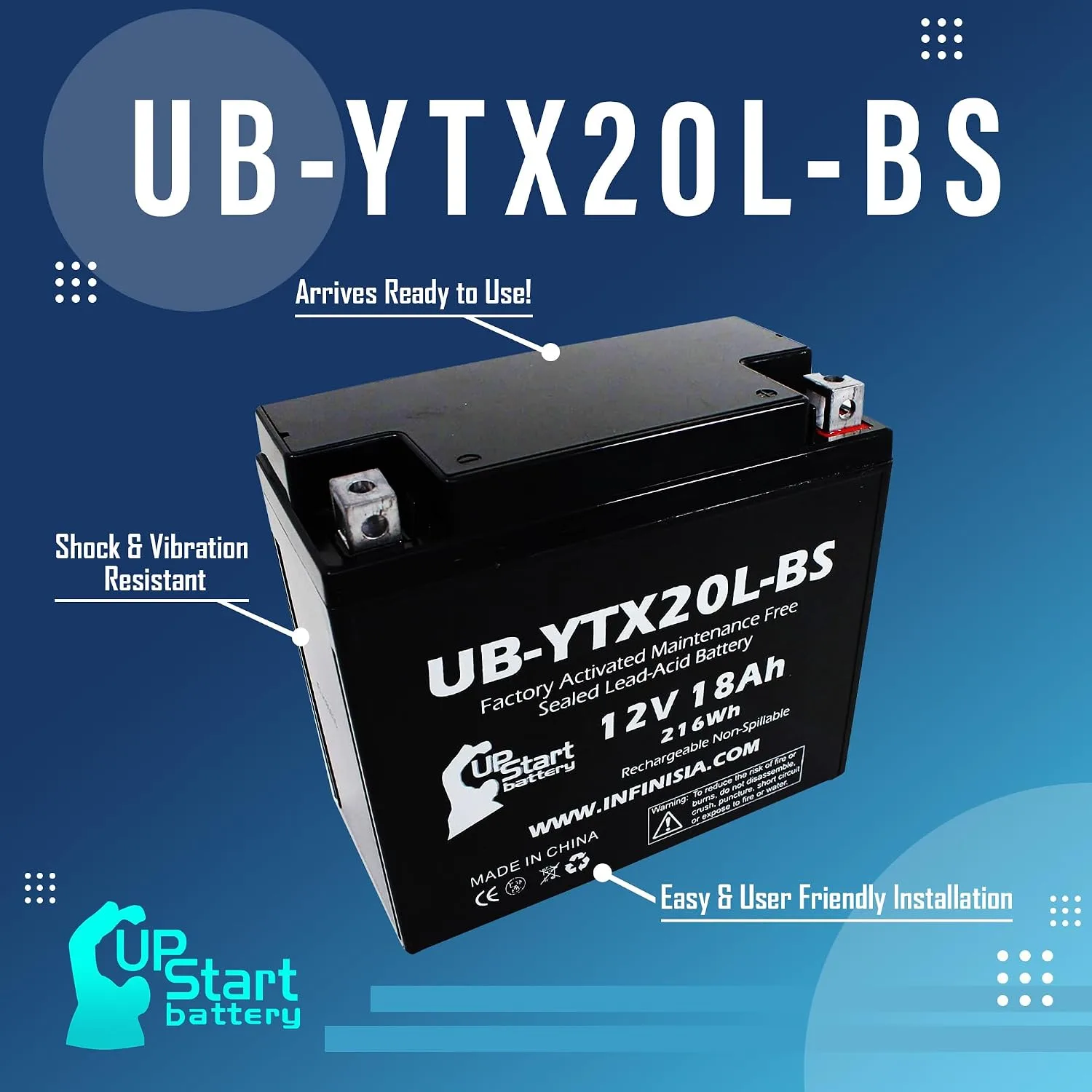 UpStart Battery UB-YTX20L-BS-DL241 for 1984 Honda VF1100S V65 Sabre image 3