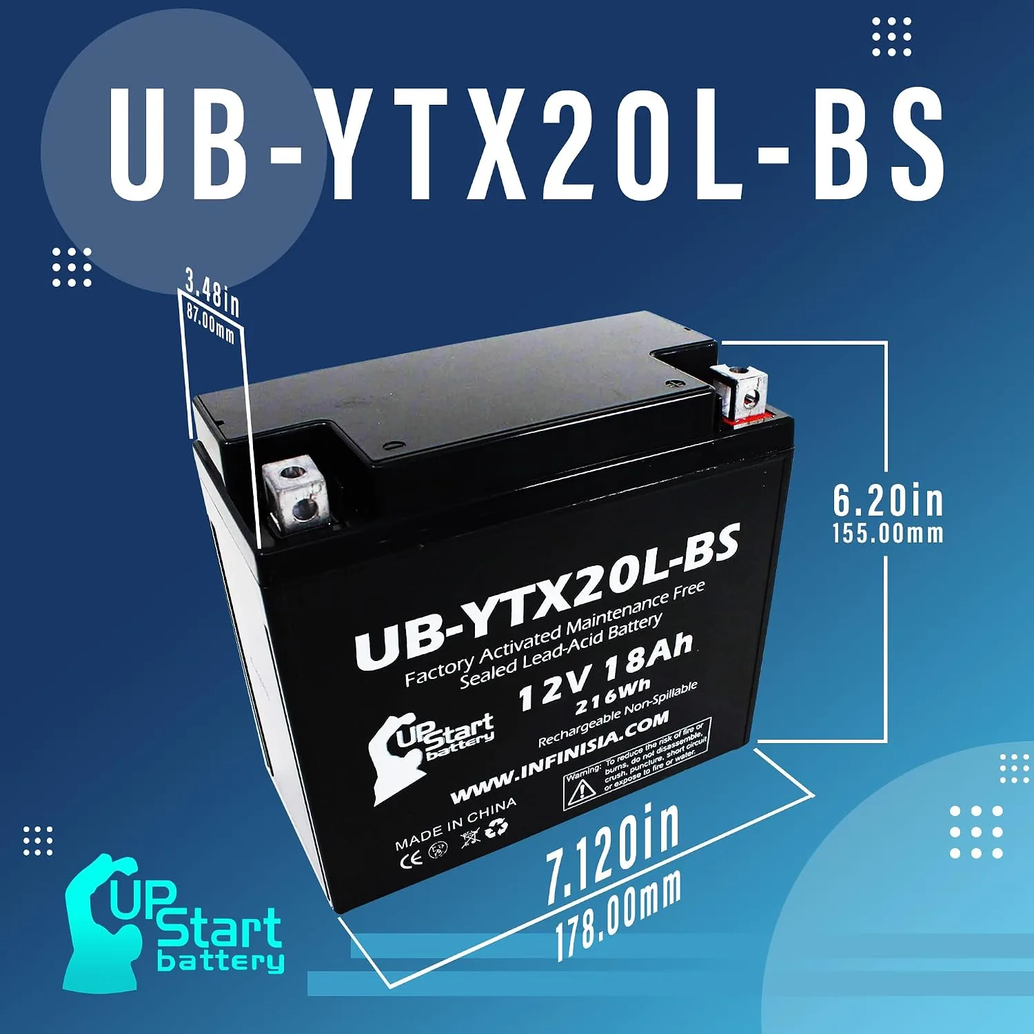 UpStart Battery UB-YTX20L-BS-DL241 for 1984 Honda VF1100S V65 Sabre image 4