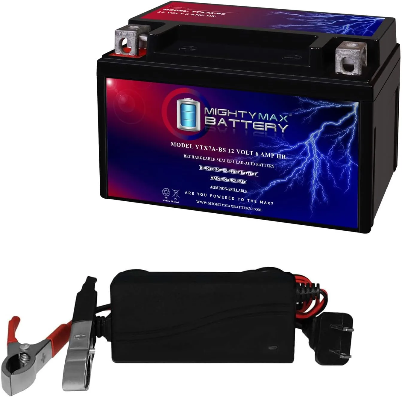 Mighty Max YTX7A-BSCHCOMBO 12V 6Ah Powersports Battery with Charger