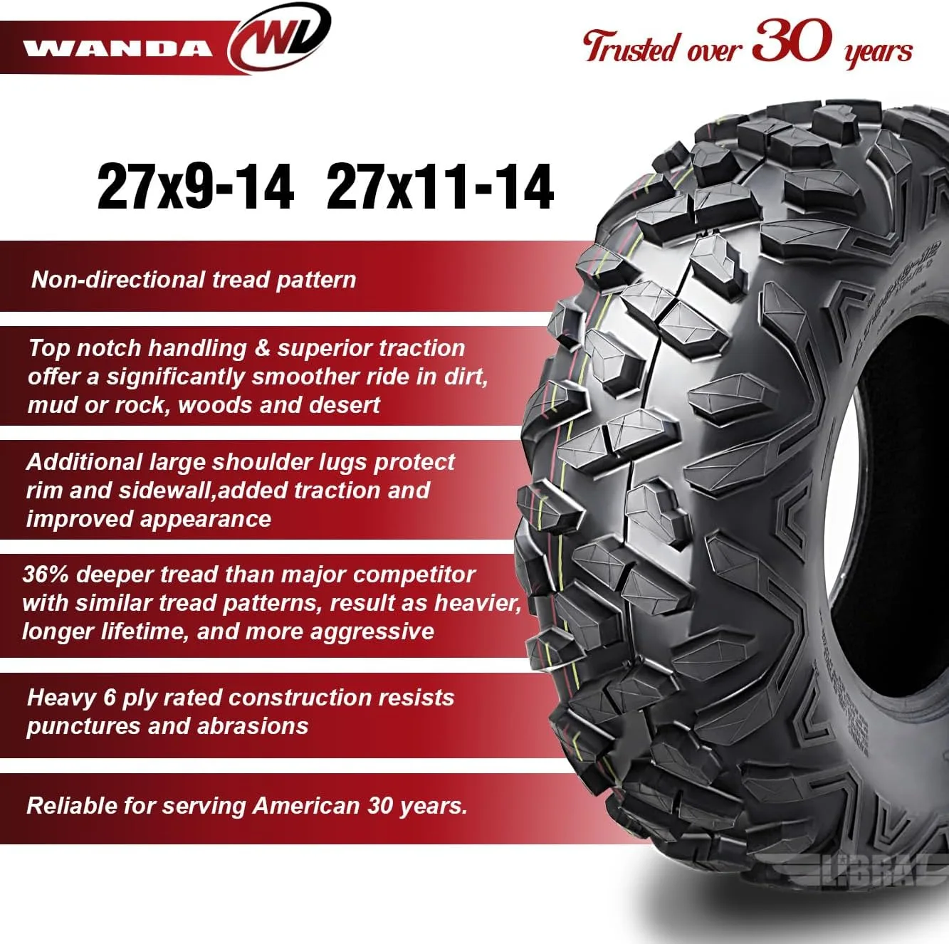 WANDA ATV Tire Set 27x9-14 & 27x11-14 for 2016-2017 Kawasaki Teryx LE image 2