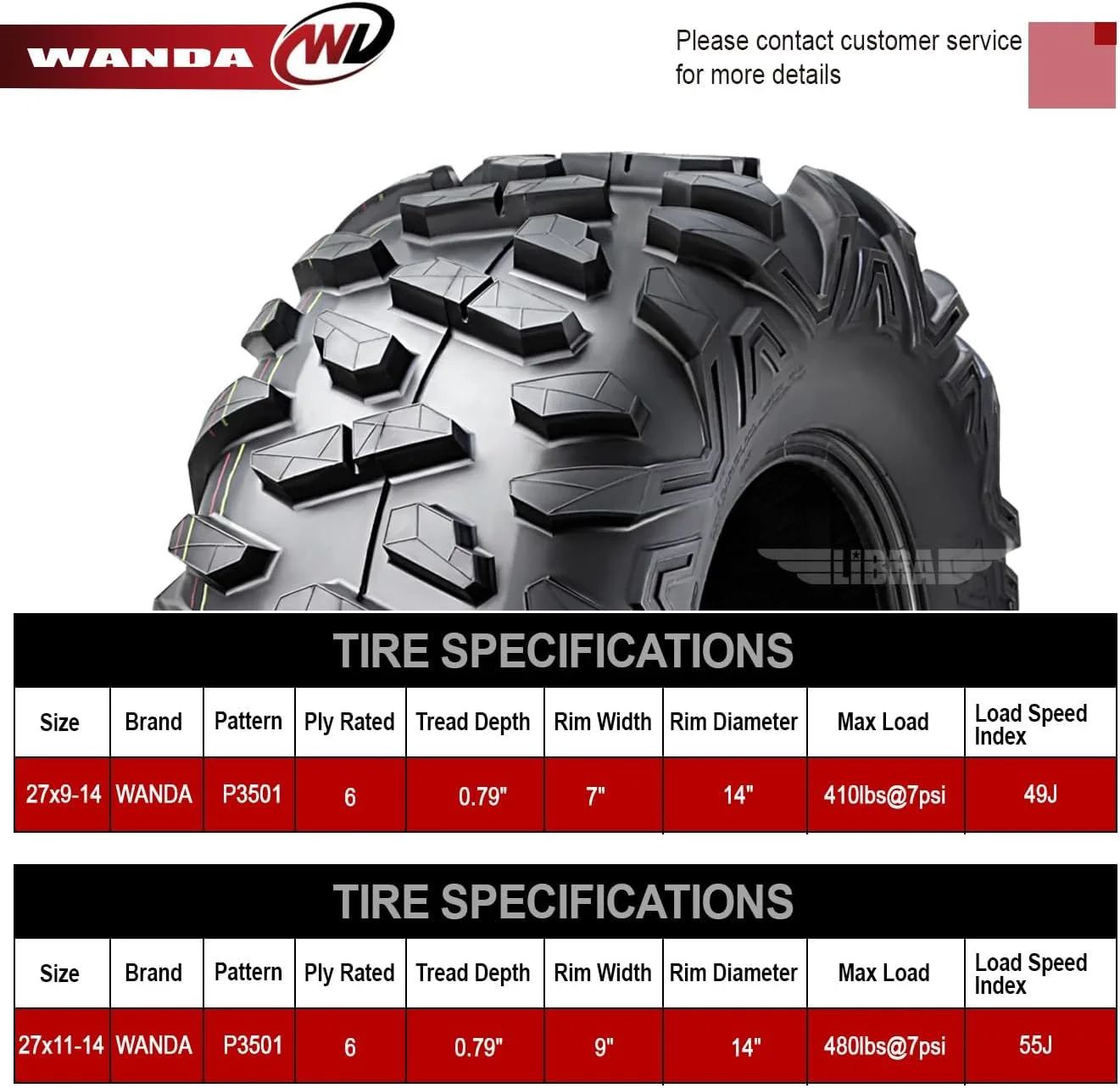 WANDA ATV Tire Set 27x9-14 & 27x11-14 for 2016-2017 Kawasaki Teryx LE image 3