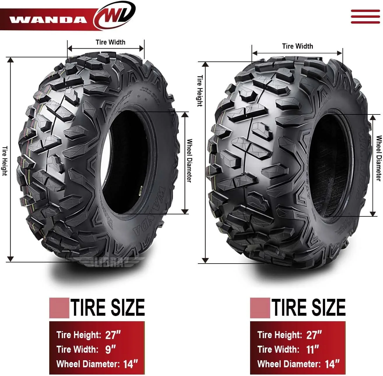 WANDA ATV Tire Set 27x9-14 & 27x11-14 for 2016-2017 Kawasaki Teryx LE image 4