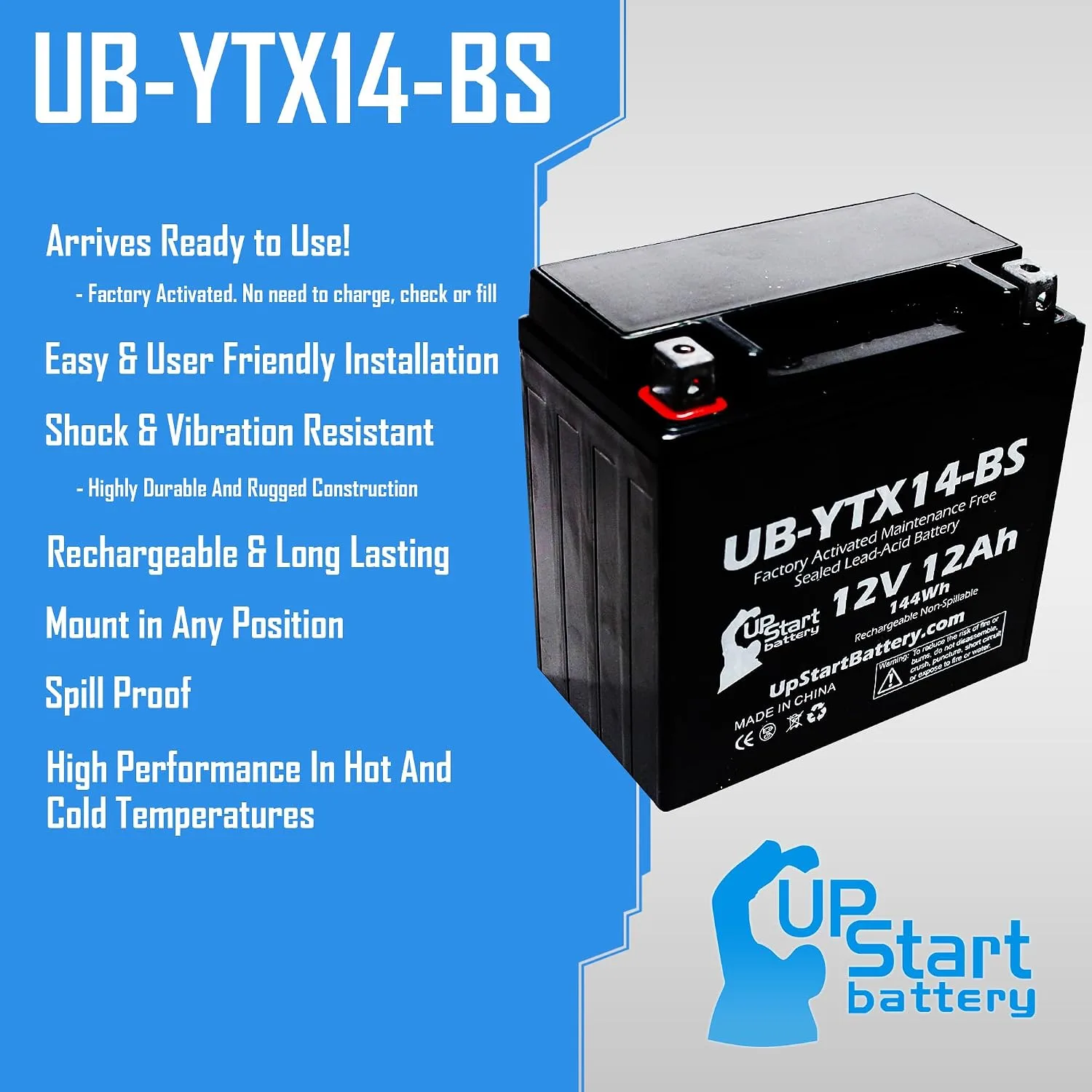 Upstart Battery UB-YTX14-BS-DL63 12V 12Ah Battery for 2001 Honda TRX500FA image 2