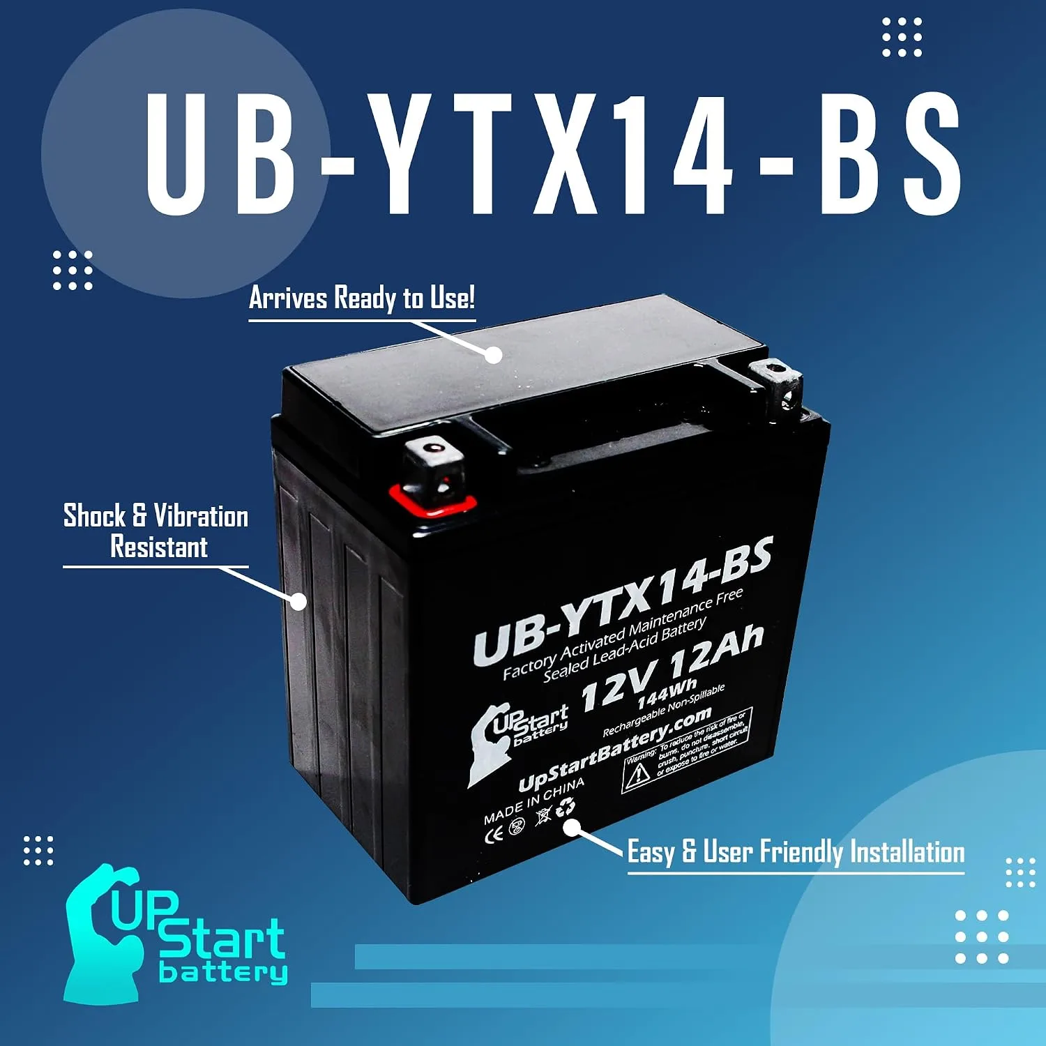 Upstart Battery UB-YTX14-BS-DL63 12V 12Ah Battery for 2001 Honda TRX500FA image 3