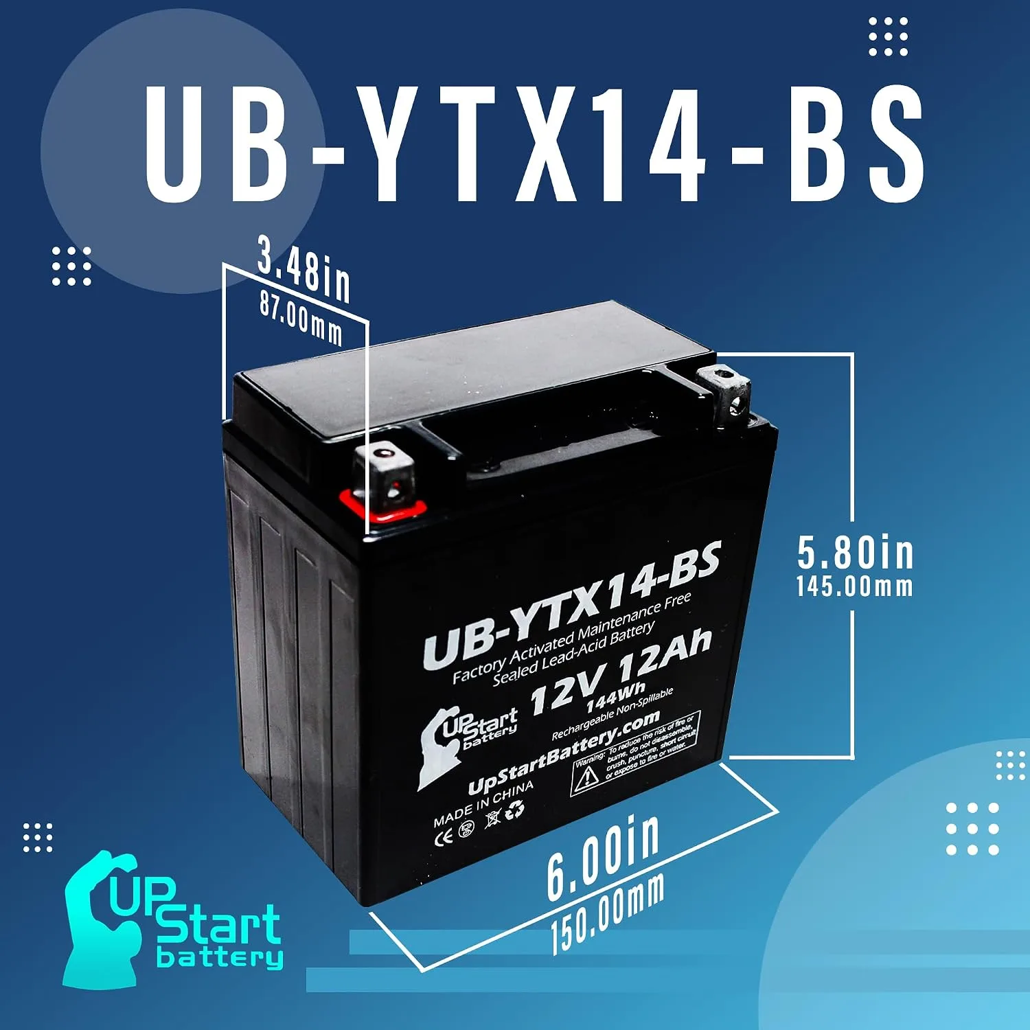 Upstart Battery UB-YTX14-BS-DL63 12V 12Ah Battery for 2001 Honda TRX500FA image 4