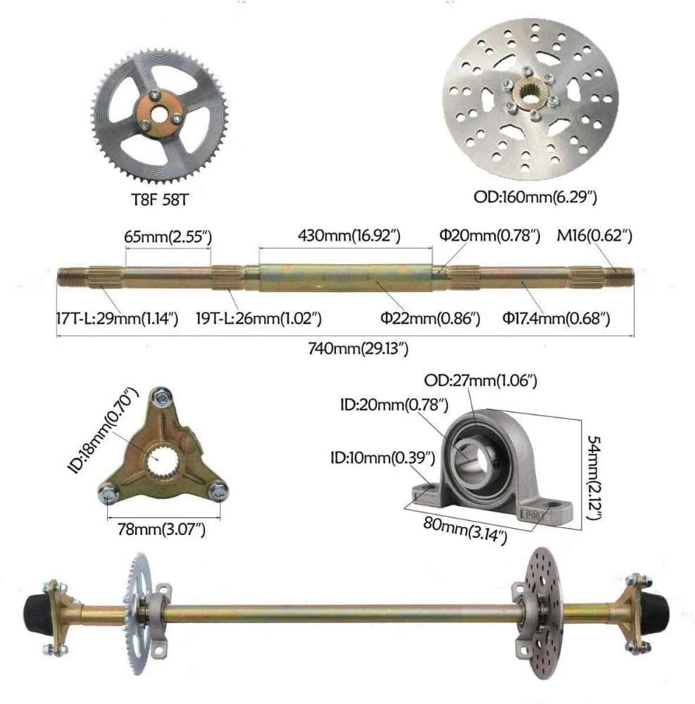 DENESTUS 740 mm Complete Rear Axle Kit with Brake Assembly image 3