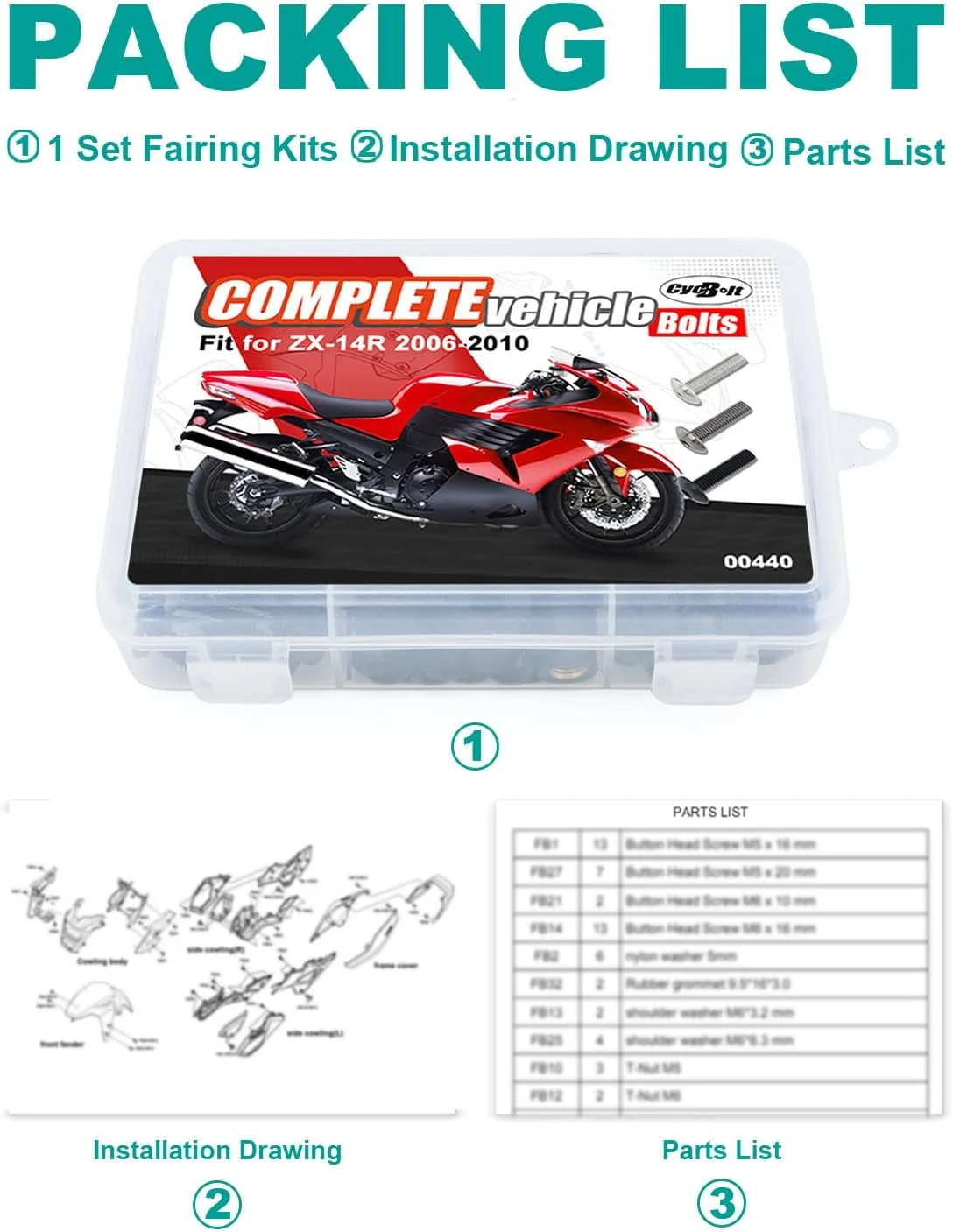 CYCBOLT HC00093 Fairing Bolt Kit for Ninja ZX-14R 2006-2010 image 2