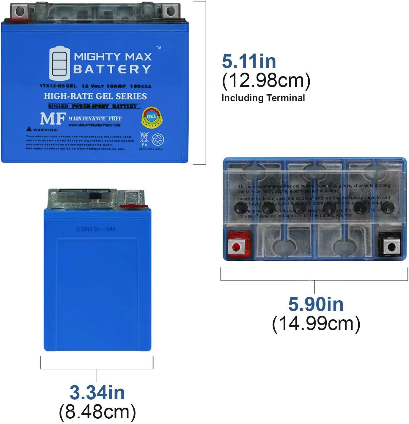 Mighty Max YTX12-BSGEL149 12V 10Ah GEL Battery for Triumph Speed Triple R image 2