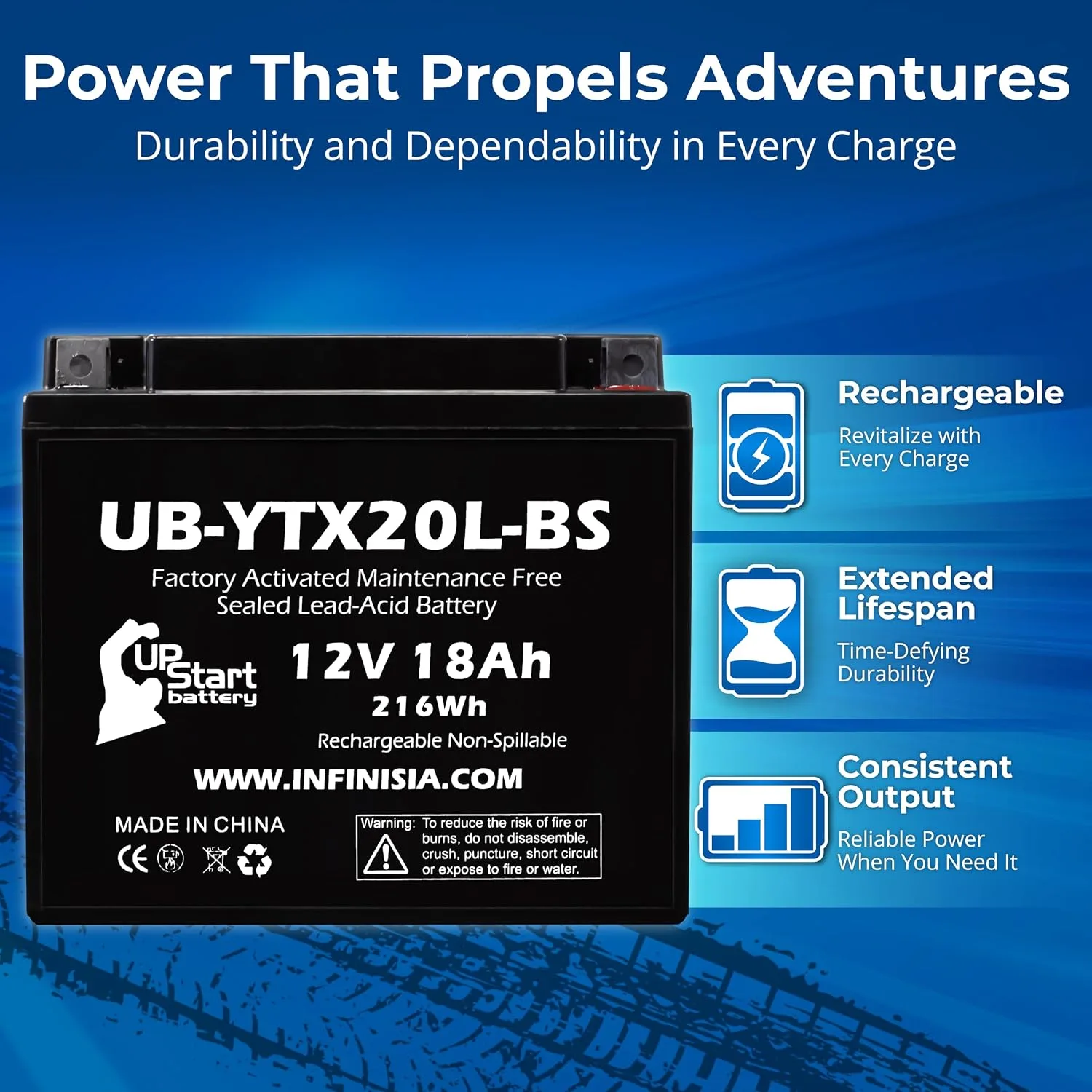 UpStart Battery UB-YTX20L-BS 12V 18Ah Sealed Lead Acid Battery image 2