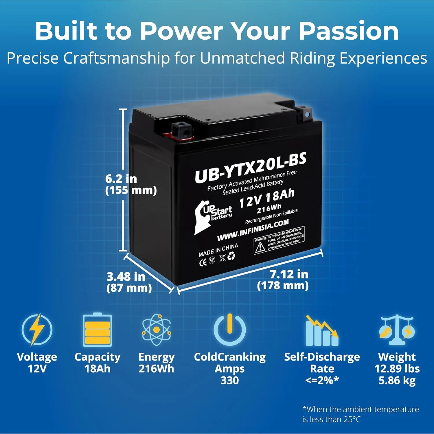 UpStart Battery UB-YTX20L-BS 12V 18Ah Sealed Lead Acid Battery image 3