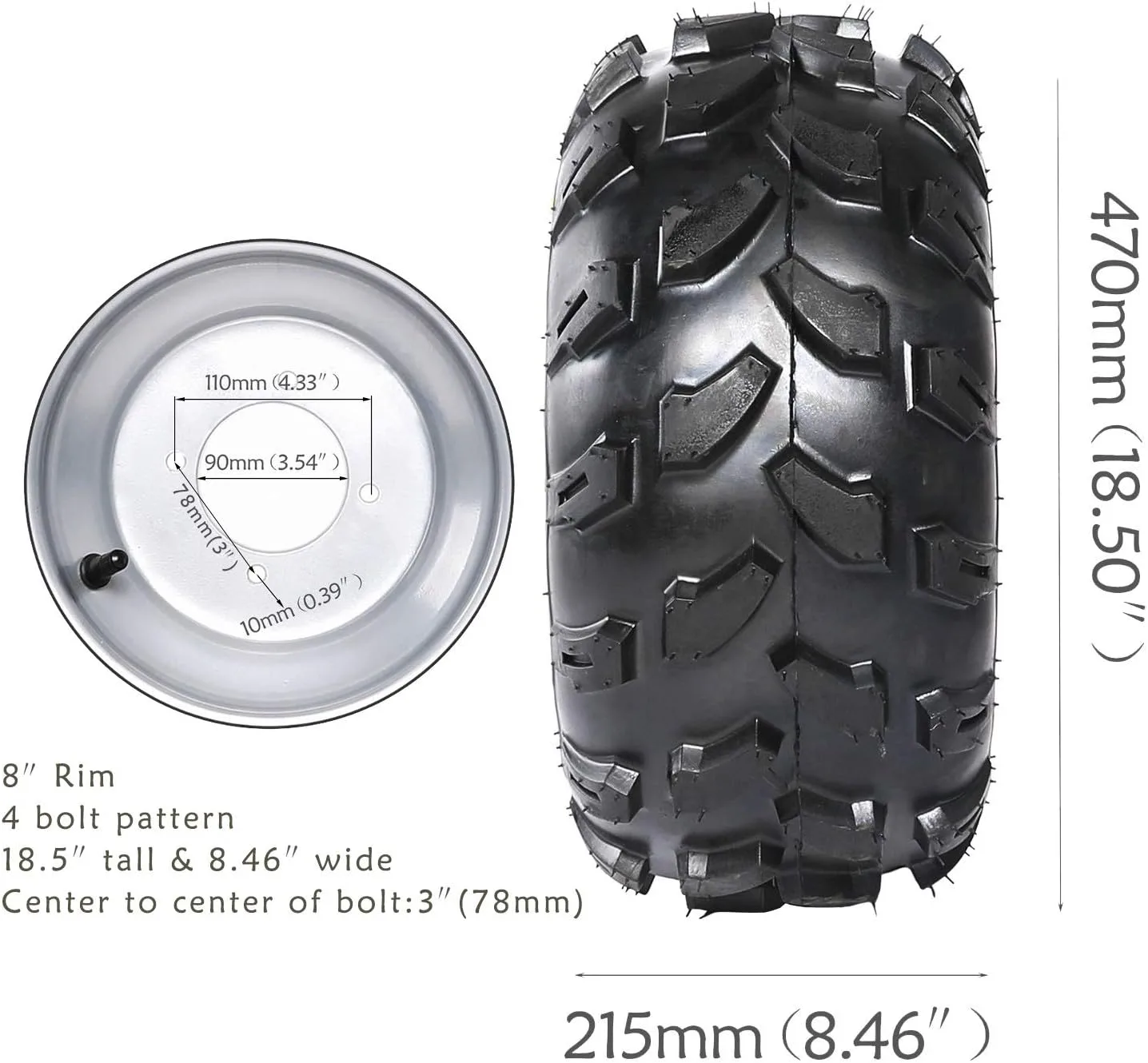 JCMOTO 18X9.5-8 Tubeless Tire and 8-Inch Wheel Rim USATL122 image 2