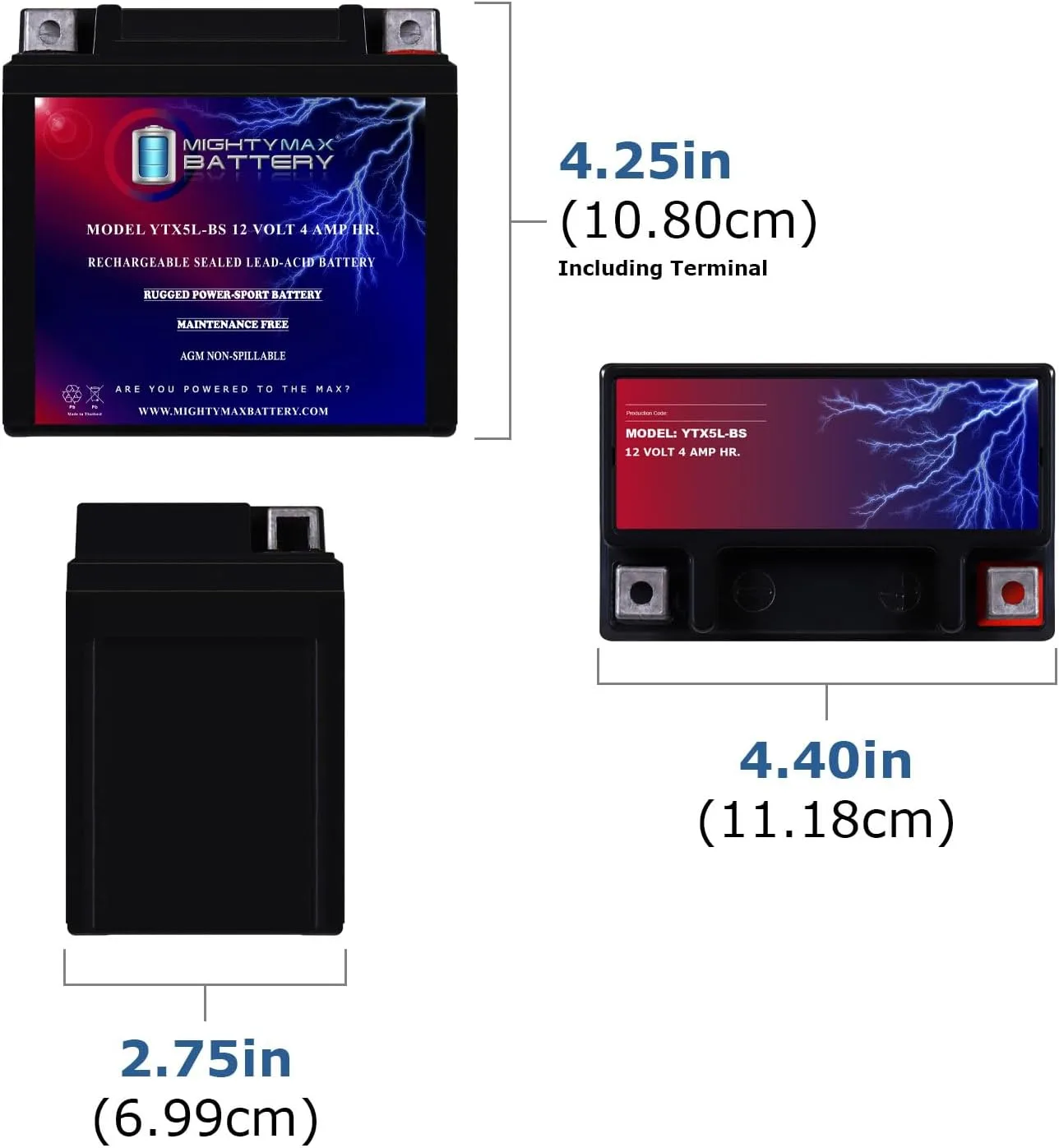 Mighty Max YTX5L-BS 12V 4Ah AGM Powersports Battery 2-Pack image 2
