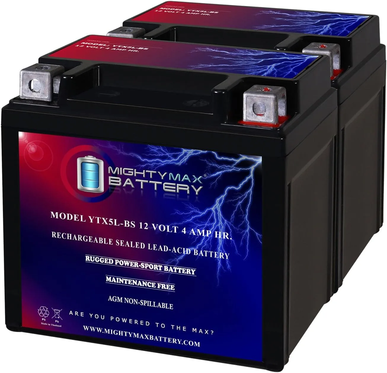 Mighty Max YTX5L-BS 12V 4Ah AGM Powersports Battery 2-Pack