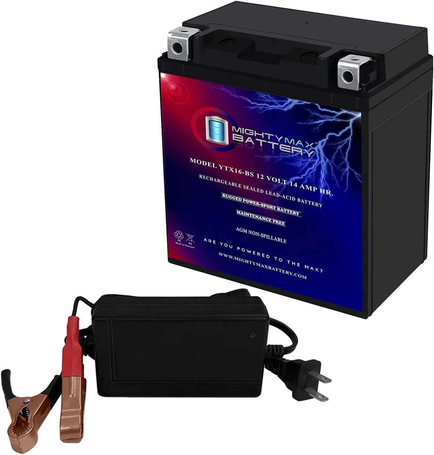 Mighty Max YTX16-BS12V 14Ah Powersports Battery with 4A Charger