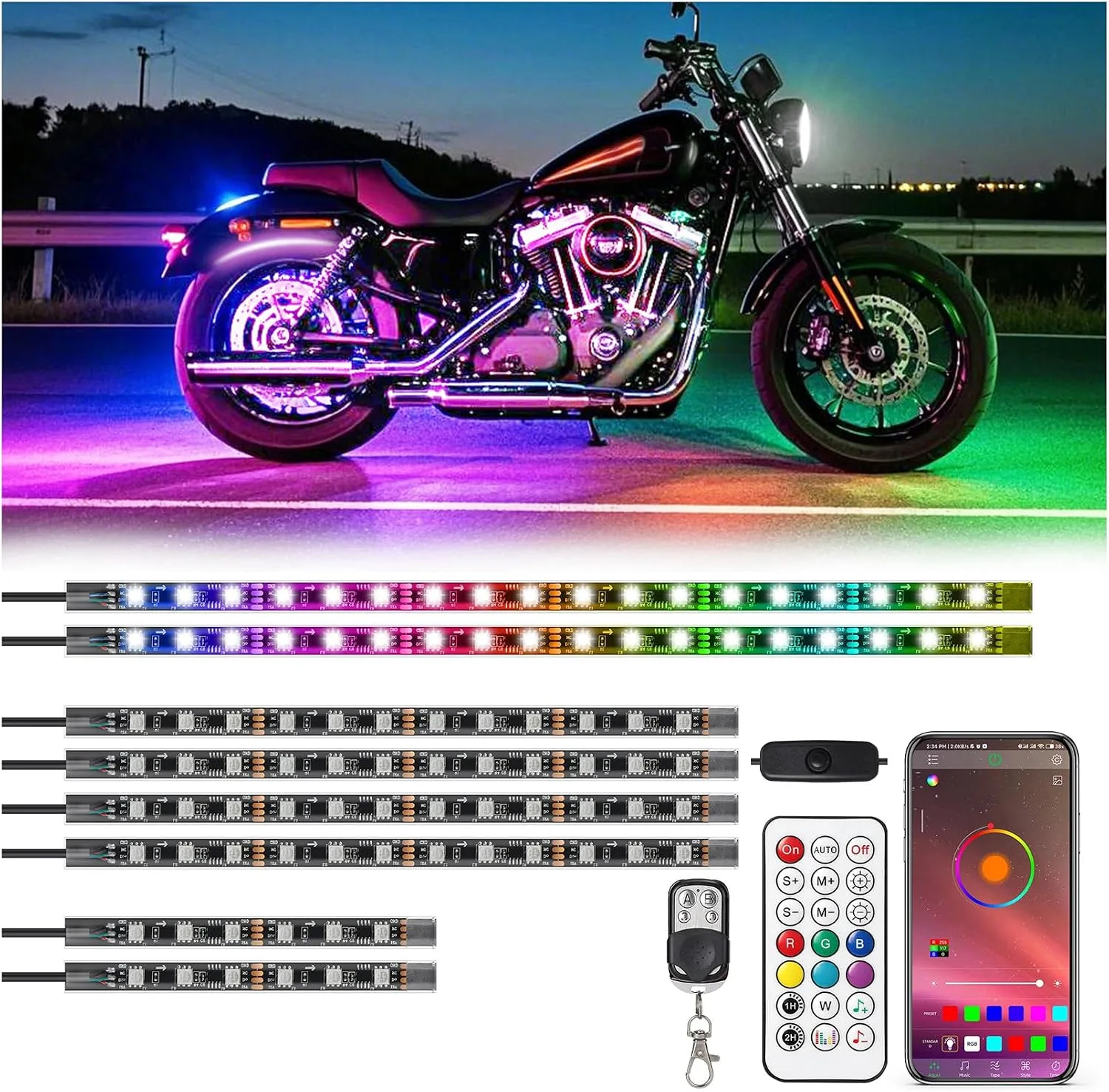 TDE Explorer.Lighting 8-Piece RGB+IC Motorcycle LED Underglow Kit