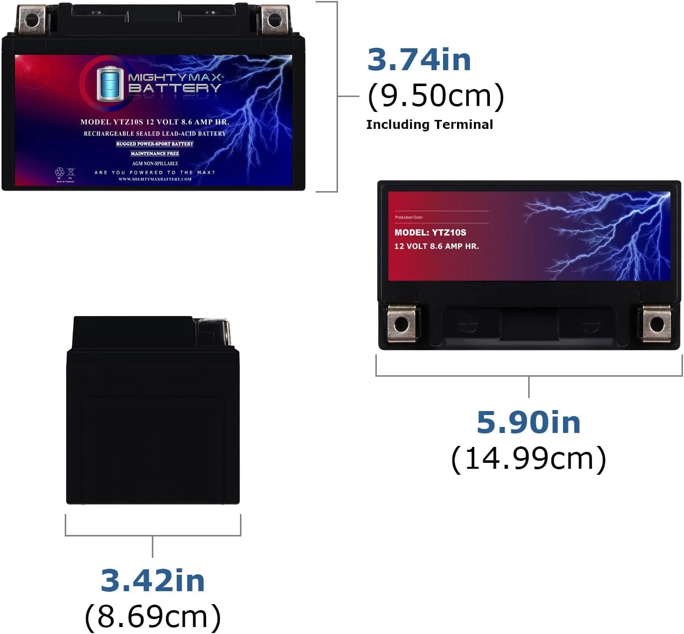 Mighty Max YTZ10S 12V 8.6Ah AGM Replacement Battery 3-Pack YTZ10SMP3 image 2