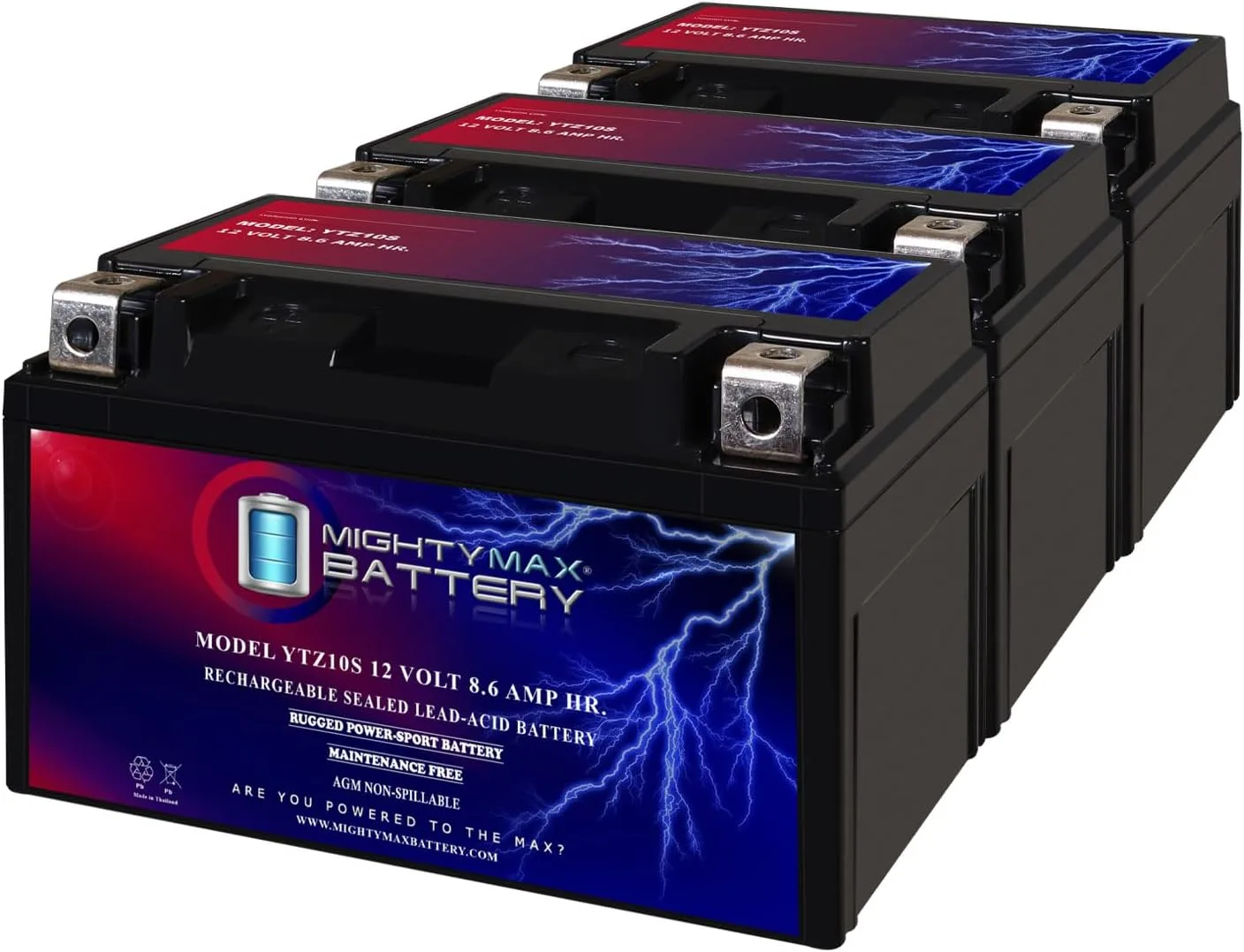Mighty Max YTZ10S 12V 8.6Ah AGM Replacement Battery 3-Pack YTZ10SMP3