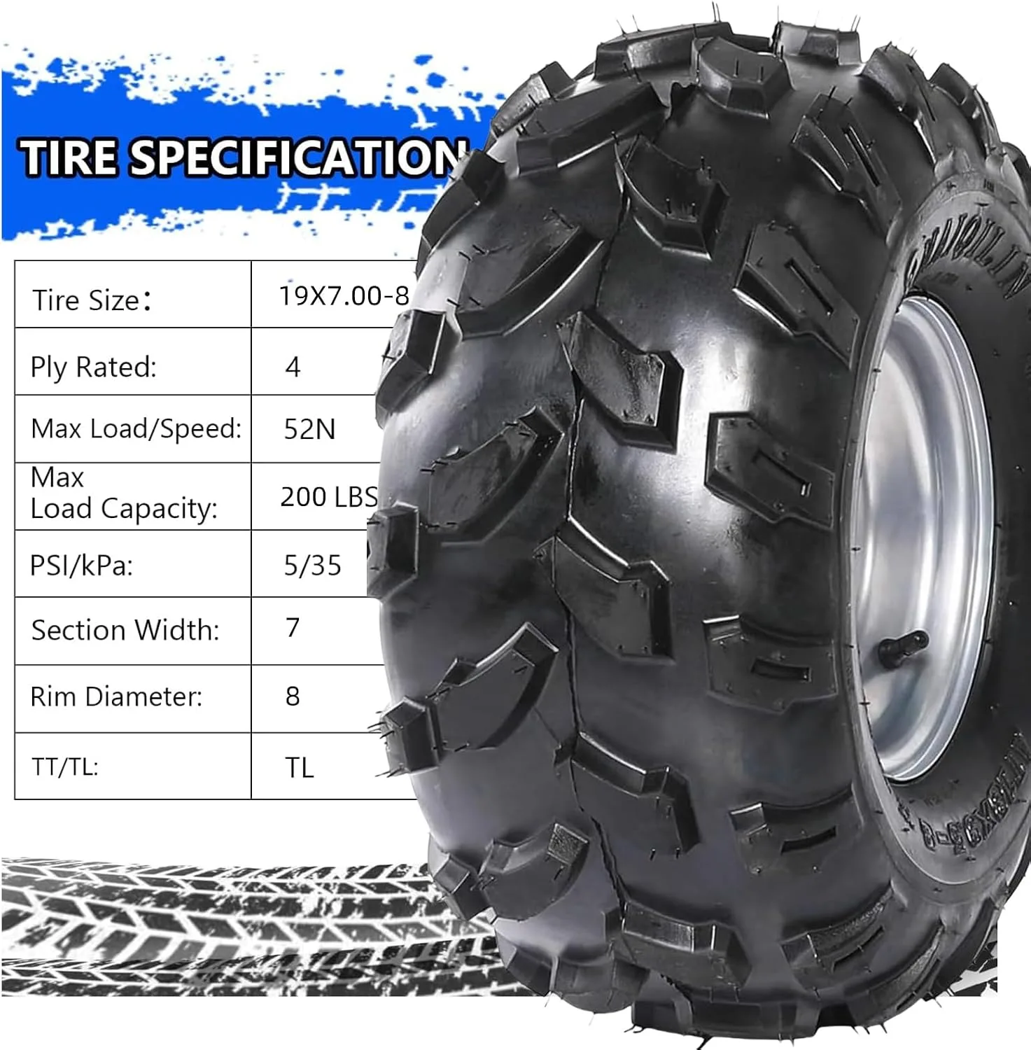 VroomSteel 19 x 7.00-8 4-Ply Tubeless ATV Tires, Set of 2 image 2